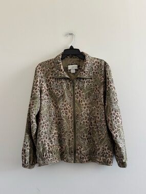 VTG Petite Sophisticate Jacket Silk Green Leaf Jungle Women PM Earthy 90s Safari